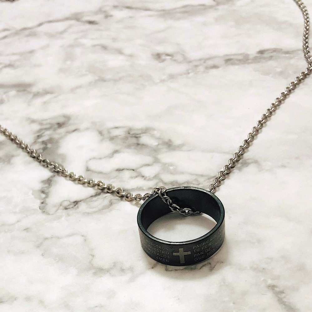 New!Black Titanium Steel Cross Ring Chain Necklace